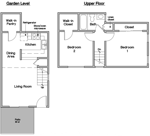 Floor plan for 2 beds, 1 bath, 742 sqft
